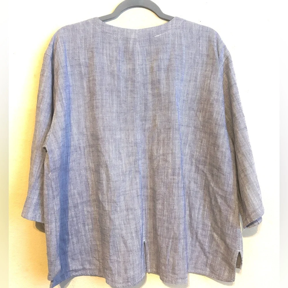 Keen Button Down Tunic Top Linen Cotton chevron Print Sz L Lagenlook Minimalist - Picture 2 of 6